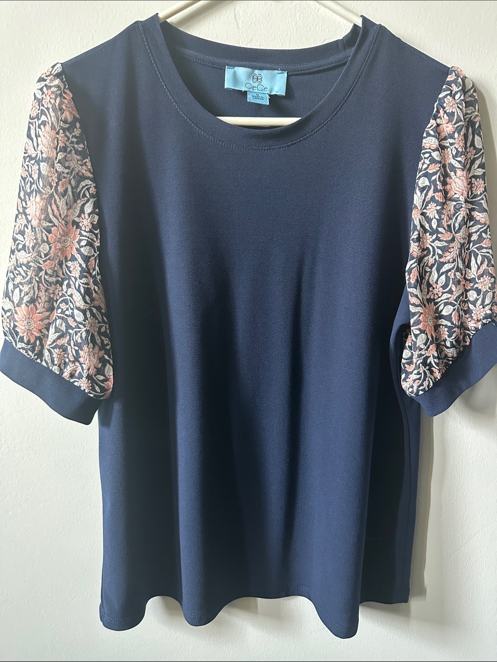 CECE Navy Knit Top with Floral Short Sleeves